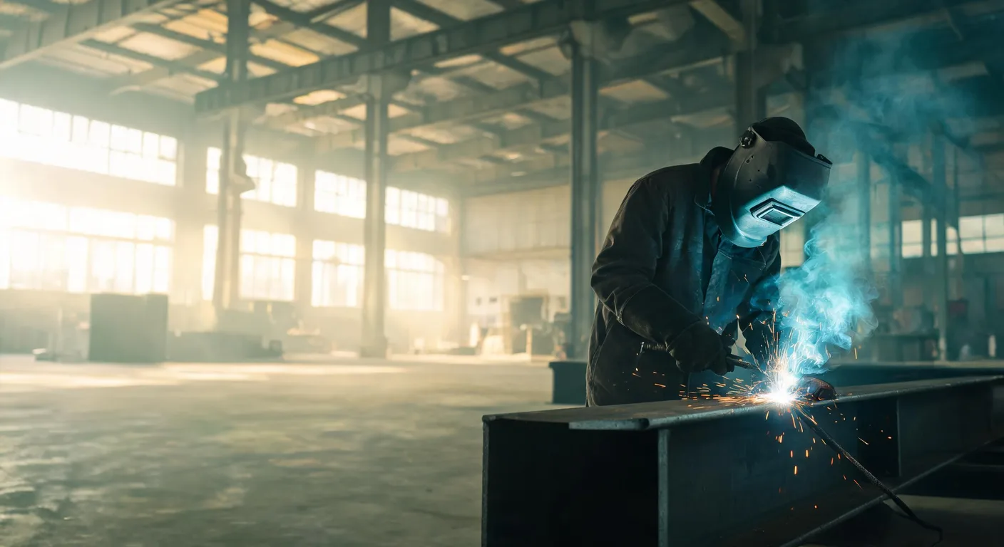 Sveiser i mørk industrihall med lysende sveisebue og gnistregn