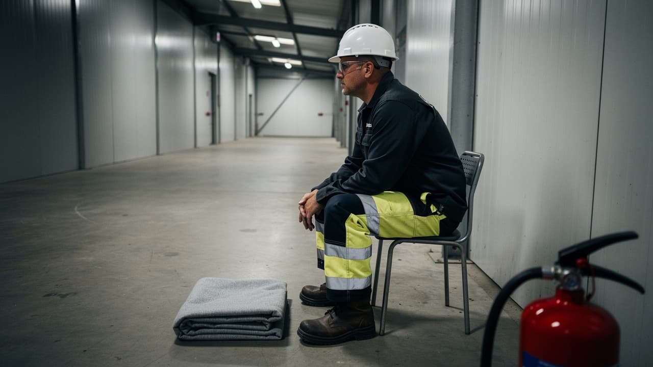 Brannvakt i synlighetsklær sitter klar med brannslukker i lys industrigang